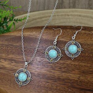 #53 Antique Boho Style Inlaid Simulated Green Rhinestones Earrings Necklace Set